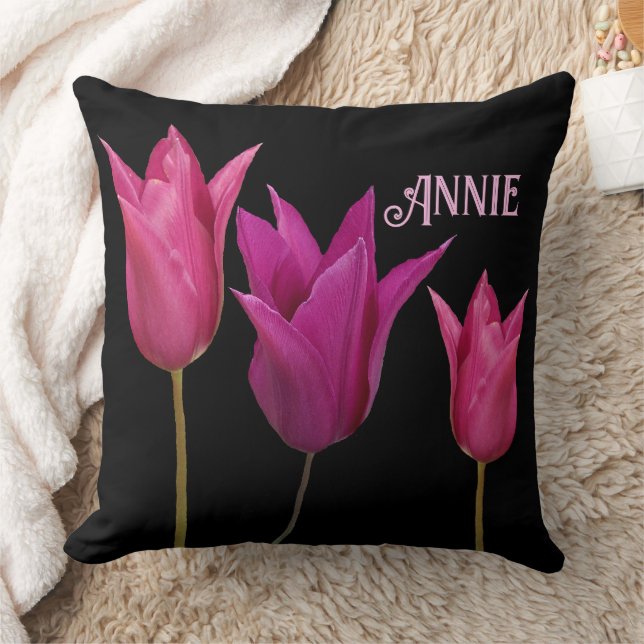 Customizable name Annie pretty pink tulips floral Throw Pillow (Blanket)