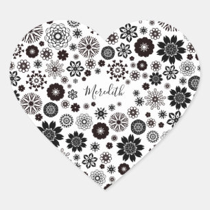 Customizable Name Black and White Floral Pattern Heart Sticker