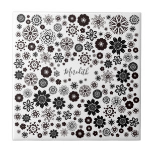 Customizable Name Black and White Floral Pattern Tile