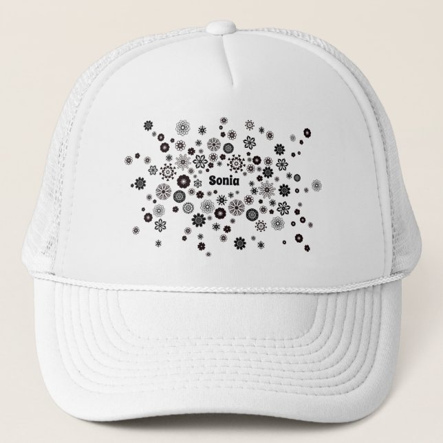 Customizable Name Black and White Floral Pattern Trucker Hat (Front)