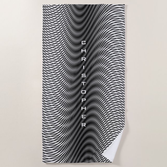 Customizable Name Black White Moiré Effect Trippy Beach Towel (Front)