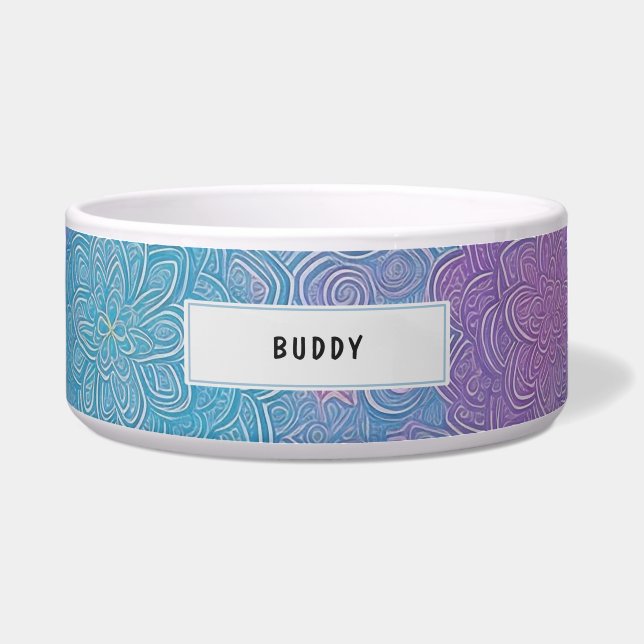Customizable Name Blue Purple Floral Pet Feeding (Front)
