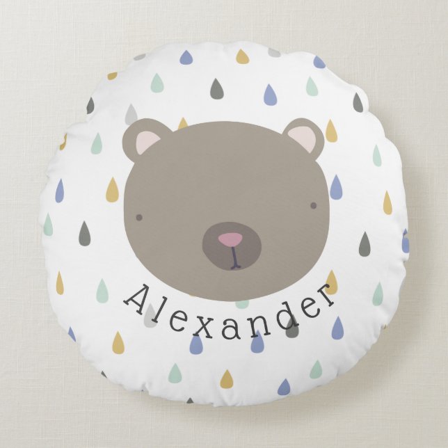 Customizable Name Cute Bear Round Pillow (Front)
