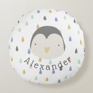 Customizable Name Cute Penguin Round Pillow