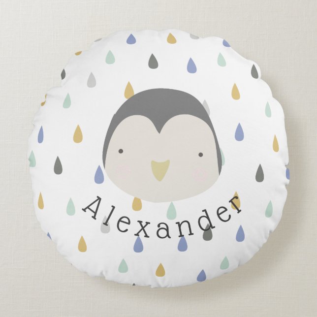 Customizable Name Cute Penguin Round Pillow (Front)