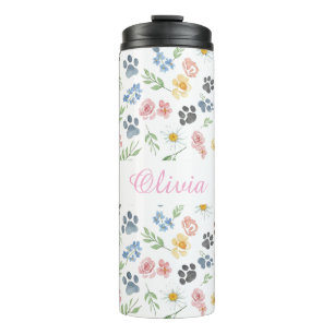 Customizable Name Floral Paw Print Thermal Tumbler