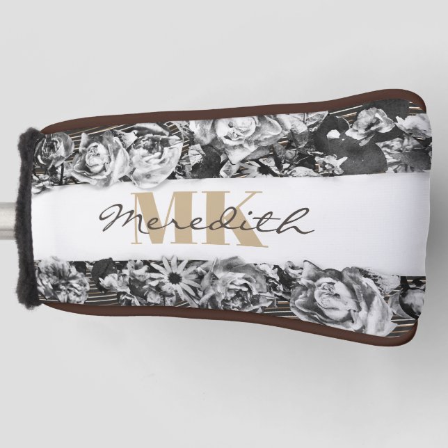 Customizable Name Gold Roses Chic Monogram Luxury Golf Head Cover (Front)