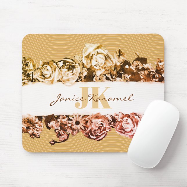 Customizable Name Gold Roses Chic Monogram Luxury Mouse Pad (With Mouse)