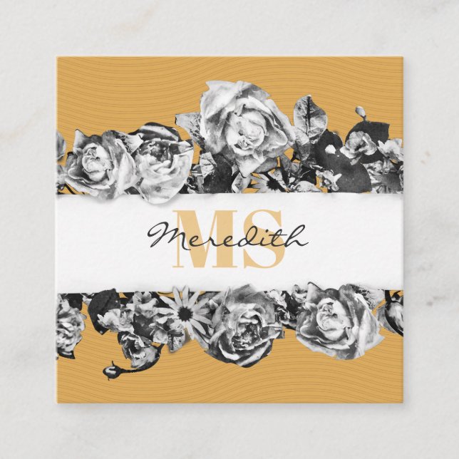 Customizable Name Gold Roses Chic Monogram Luxury Square Business Card (Front)