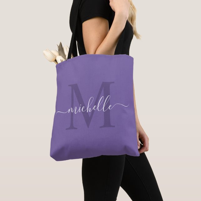 Customizable Name & Initial Amethyst Purple Colour Tote Bag (Close Up)