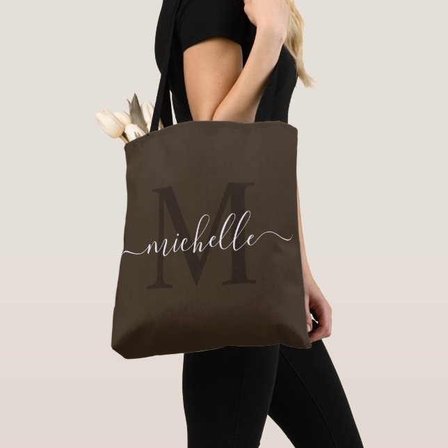 Customizable Name & Initial Dark and Deep Brown Tote Bag (Close Up)