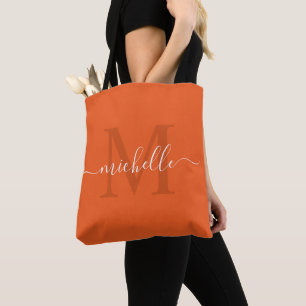 Customizable Name & Initial Deep Orange  Tote Bag