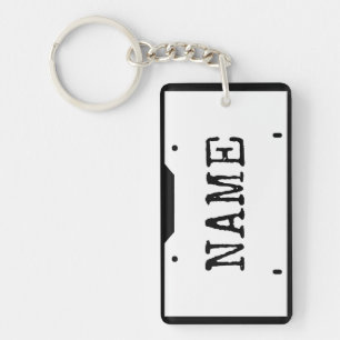 Customizable Name License Plate White Black Border Keychain