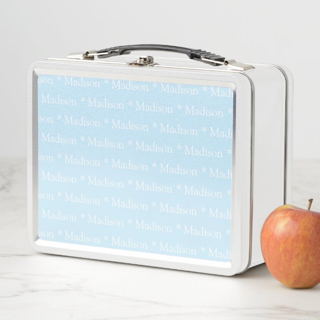 Customizable name light blue white double sided metal lunch box (In Situ)