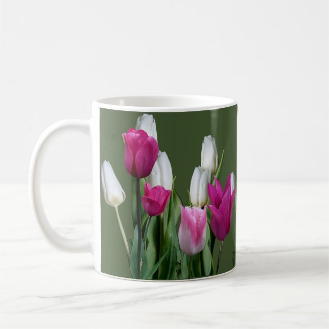 Customizable name Lizzie white pink tulip flowers  Coffee Mug (Left)