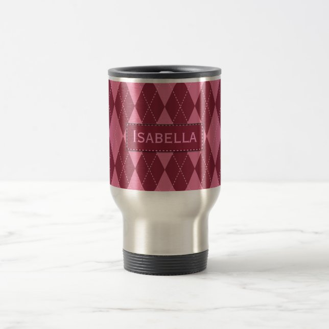 Customizable Name Pink Argyle Travel Mug (Center)