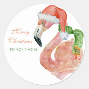 Customizable Name Pink Christmas Santa Flamingo  Classic Round Sticker