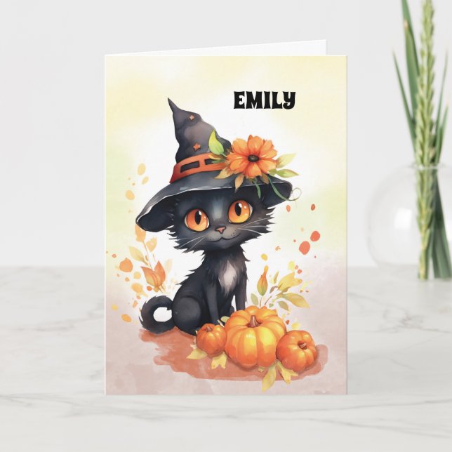 Customizable Name Sweet Halloween Cat Card (Front)