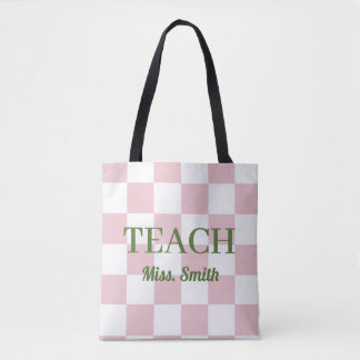 Customizable Name Teach Tote Cute Pink Chequered Bag