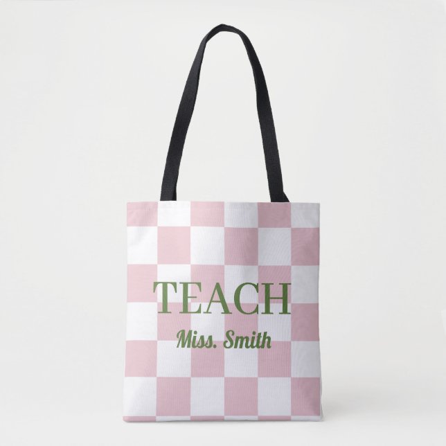 Customizable Name Teach Tote Cute Pink Chequered Bag (Front)