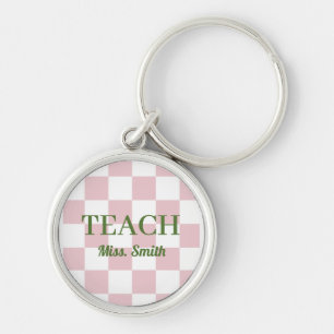 Customizable Name Teach Tote Cute Pink Chequered Keychain