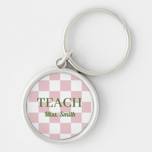 Customizable Name Teach Tote Cute Pink Chequered Keychain (Front)