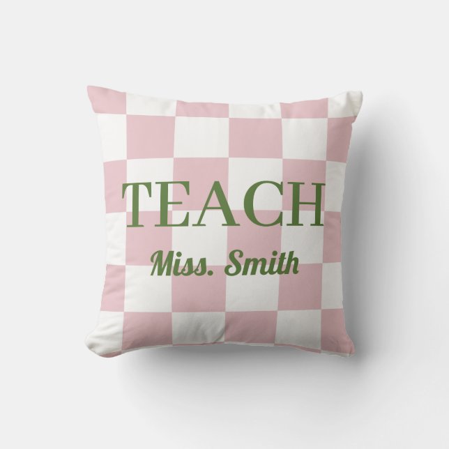 Customizable Name Teach Tote Cute Pink Chequered Throw Pillow (Front)