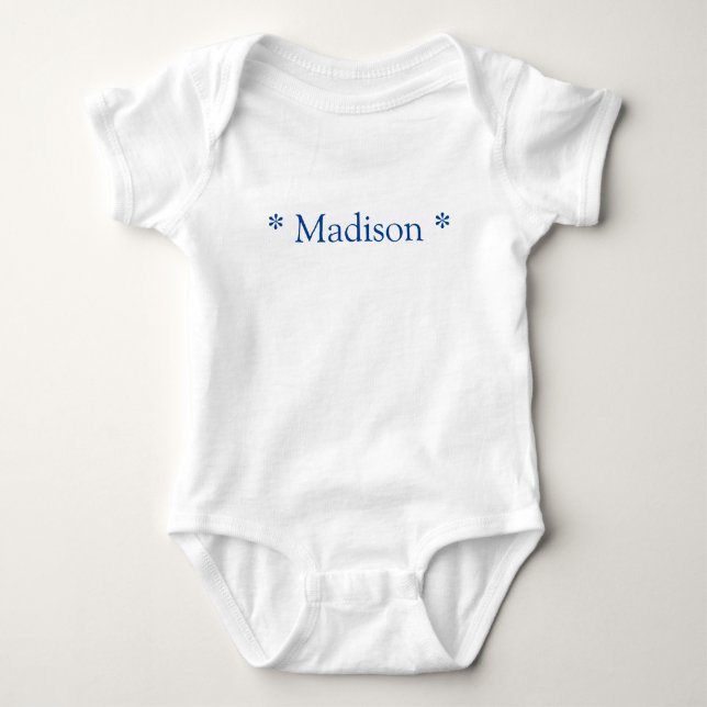 Customizable name text blue white baby bodysuit (Front)
