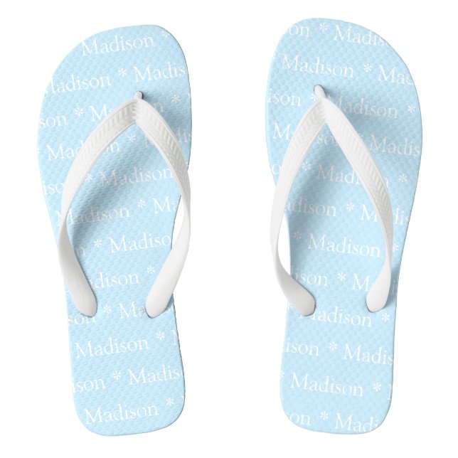 Customizable name, text, light blue white flip flops (Footbed)