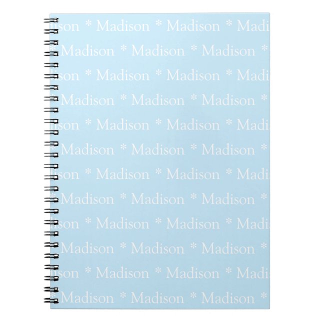 Customizable name, text, light blue white notebook (Front)