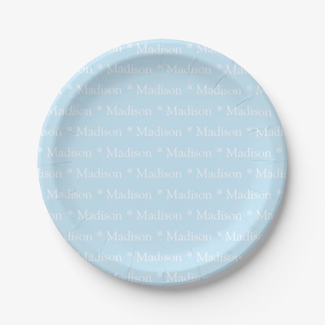 Customizable name, text, light blue white paper plate (Front)