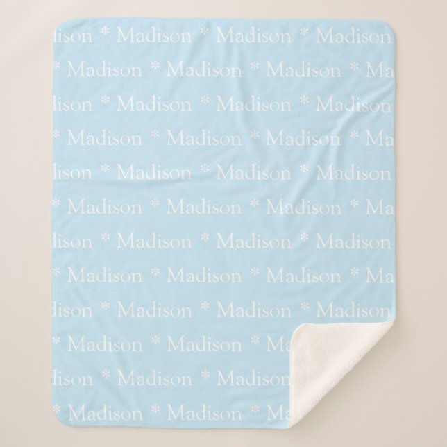 Customizable name, text, light blue white sherpa blanket (Front)
