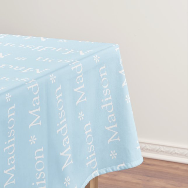 Customizable name text light blue white tablecloth (In Situ)