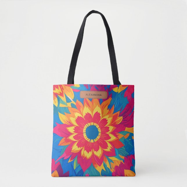 Customizable Name Vibrant Colours Stylish Floral  Tote Bag (Front)