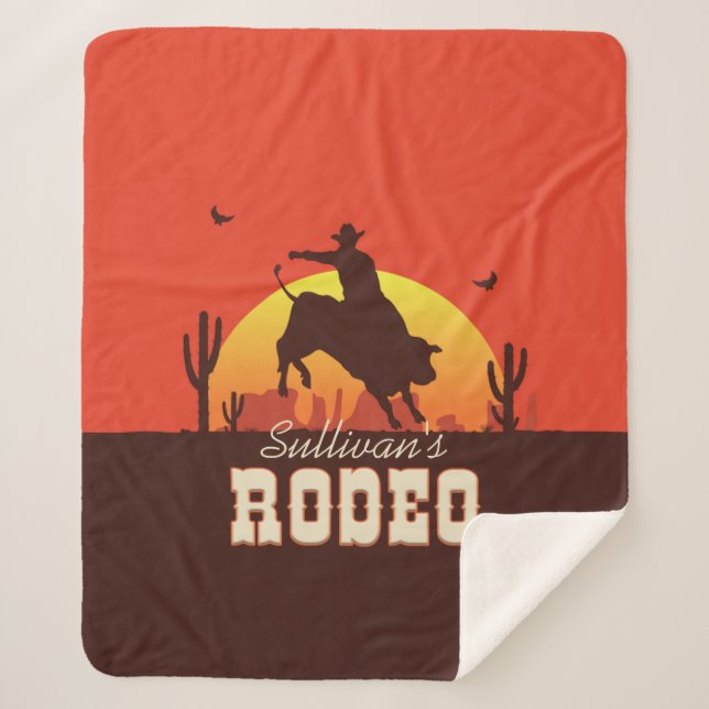 Customizable NAME Western Cowboy Bull Rider Rodeo Sherpa Blanket (Front)