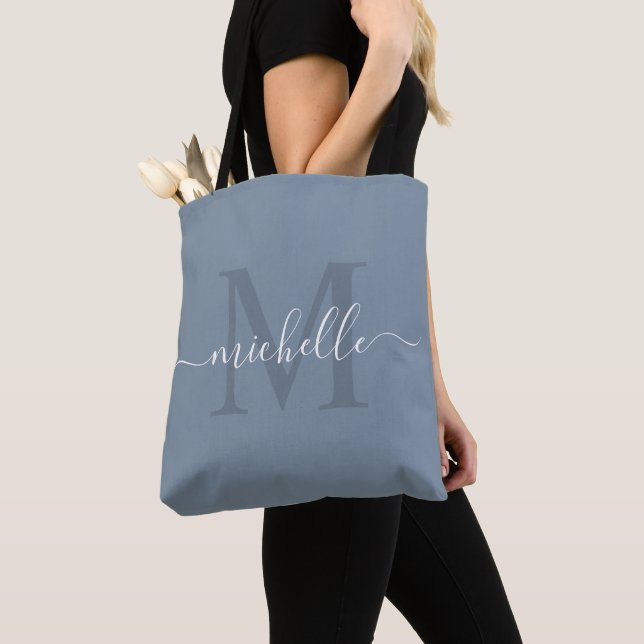 Customizable Name With  Grayish Steel Blue Colour Tote Bag (Close Up)
