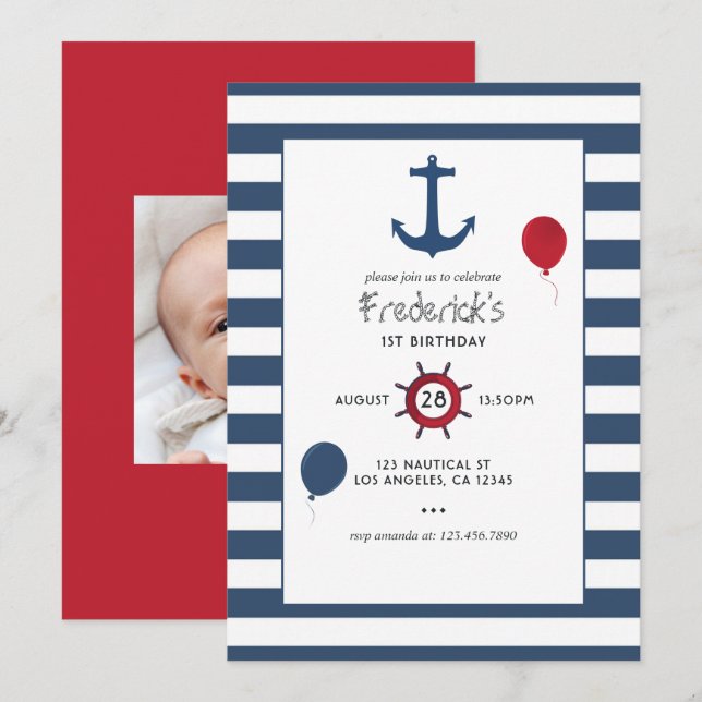 Customizable Nautical Birthday Party Photo Invitation (Front/Back)