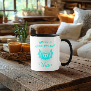 Customizable Neon Halloween Mug - Cyan Bat Design