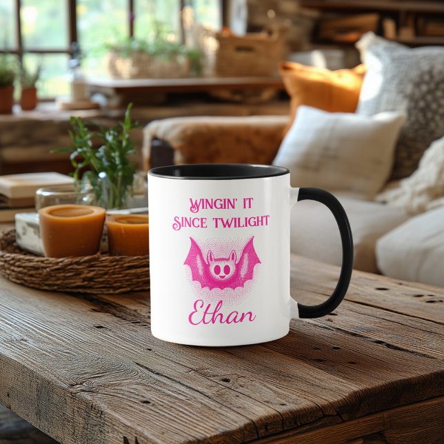 Customizable Neon Halloween Mug - Pink Bat Design (Creator Uploaded)