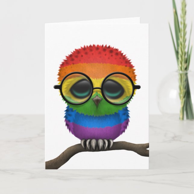 Customizable Nerdy Rainbow Gay Pride Baby Owl Chic Card (Front)
