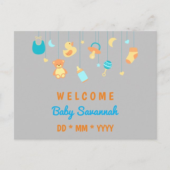 Customizable new baby unisex postcard (Front)