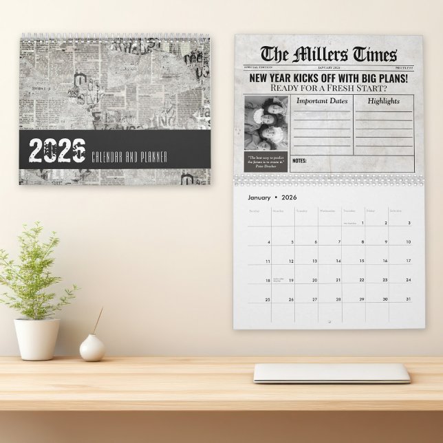 Customizable Newspaper Themed Calendar and Planner (Custom Newspaper Calendar, Family Breaking News 2026 Calendar Template Personalized Unique Calendar)