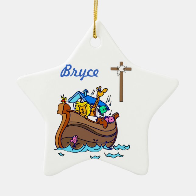 Customizable Noah’s Ark Baby Baptism, Boy Blue Ceramic Ornament (Front)