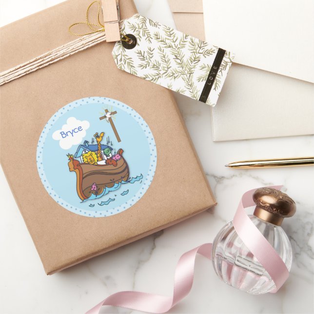 Customizable Noah’s Ark Baby Baptism, Boy Blue Classic Round Sticker (Gifting)