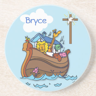 Customizable Noah’s Ark Baby Baptism, Boy Blue Coaster