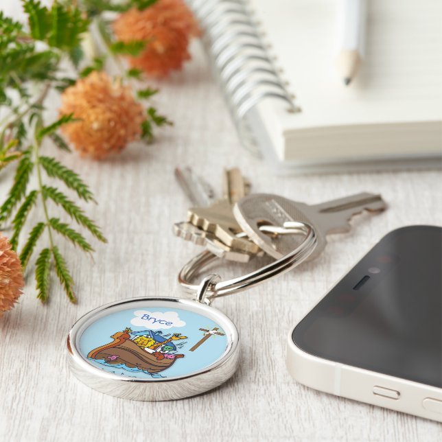 Customizable Noah’s Ark Baby Baptism, Boy Blue Keychain (Side)