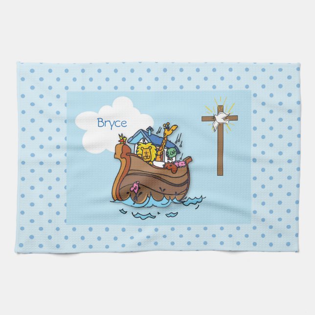 Customizable Noah’s Ark Baby Baptism, Boy Blue Kitchen Towel (Horizontal)