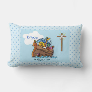 Customizable Noah’s Ark Baby Baptism, Boy Blue Lumbar Pillow