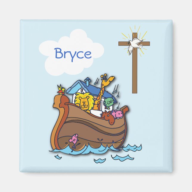 Customizable Noah’s Ark Baby Baptism, Boy Blue Magnet (Front)