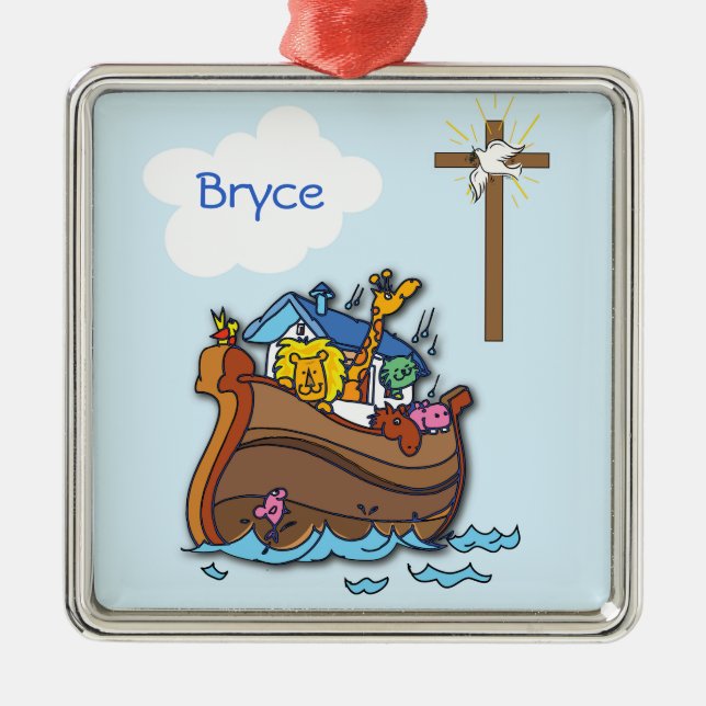 Customizable Noah’s Ark Baby Baptism, Boy Blue Metal Ornament (Front)